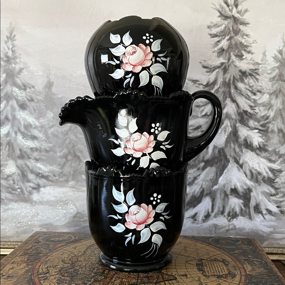 Vintage Pilgrim Glass Black Amethyst Hand-Painted Vase & Covered Jar Set 3 Pc